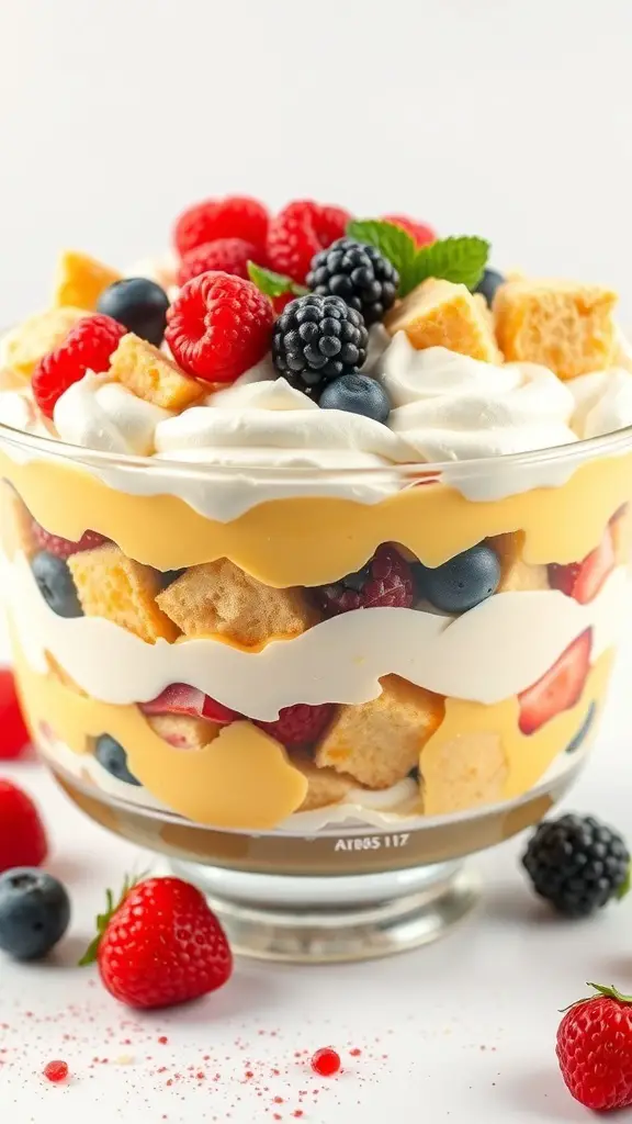A colorful yellow cake mix trifle with layers of cake, pudding, and fresh berries.