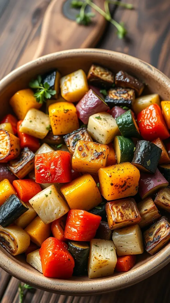 A bowl of colorful roasted vegetables including bell peppers, squash, zucchini, and eggplant.