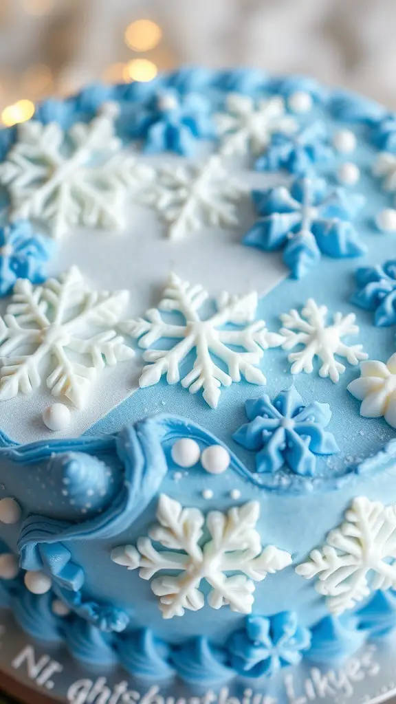 A charming blue cake decorated with fondant snowflakes and edible pearls.