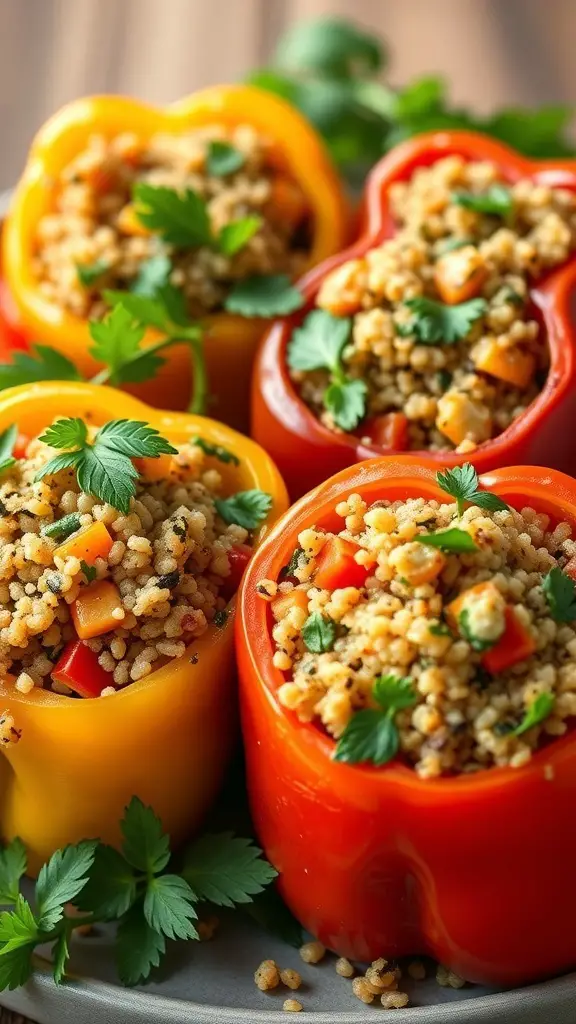 Stuffed bell peppers filled with quinoa and vegetables, garnished with fresh herbs