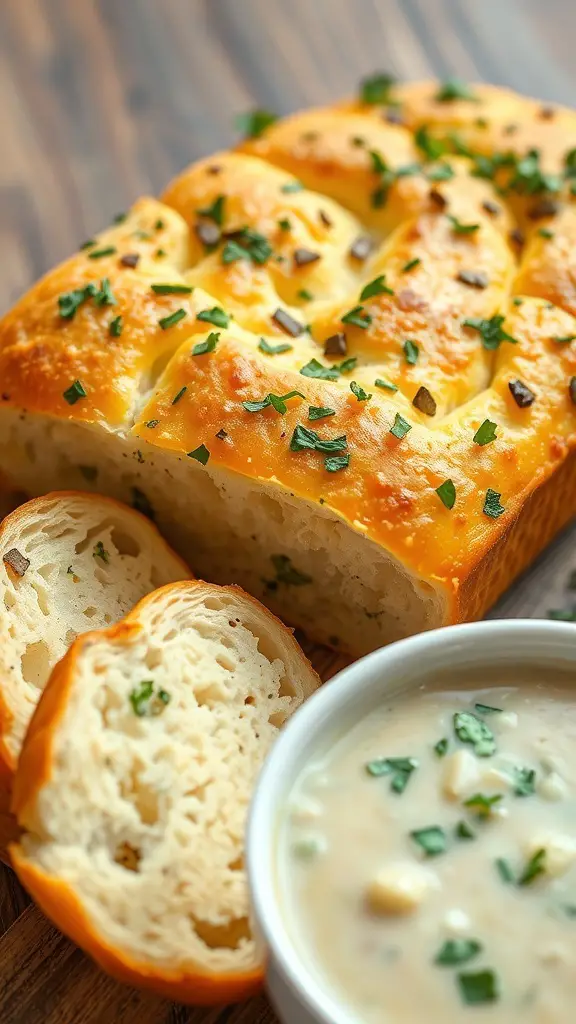 A loaf of garlic herb focaccia bread with slices next to a bowl of creamy soup.