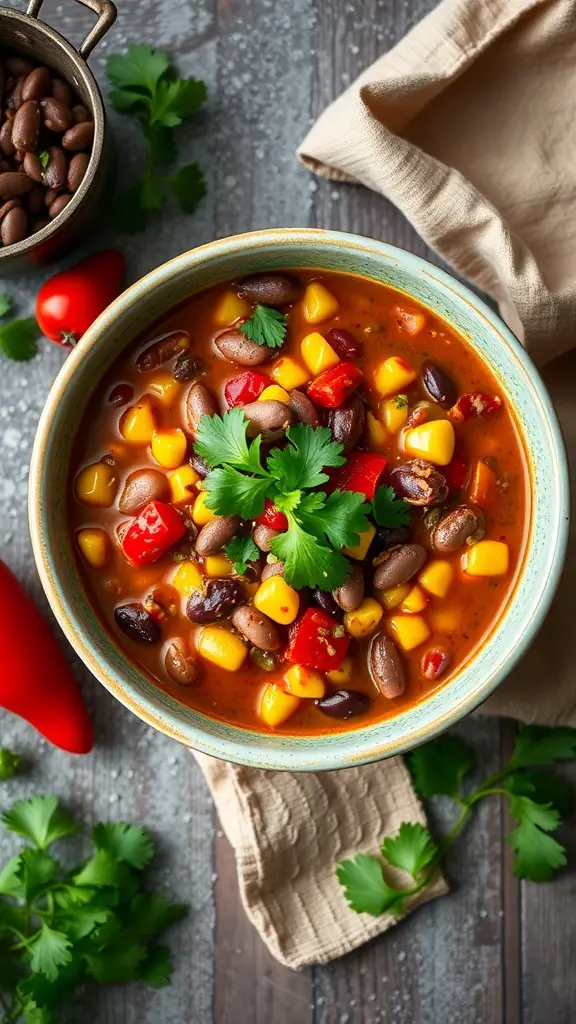 A bowl of hearty vegetable chili with colorful ingredients like beans, corn, and peppers, garnished with cilantro.