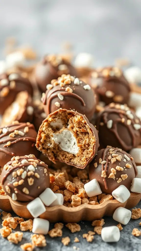 A close-up of s'mores protein balls, some cut in half to show the marshmallow filling, surrounded by mini marshmallows and graham cracker crumbs.
