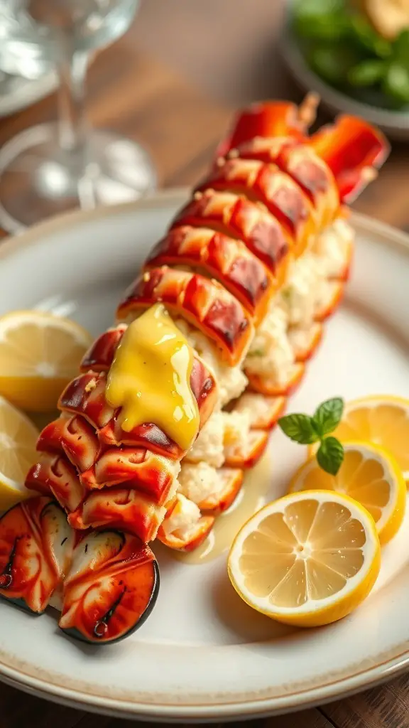 A beautifully presented lobster tail drizzled with garlic butter, garnished with lemon slices and mint.