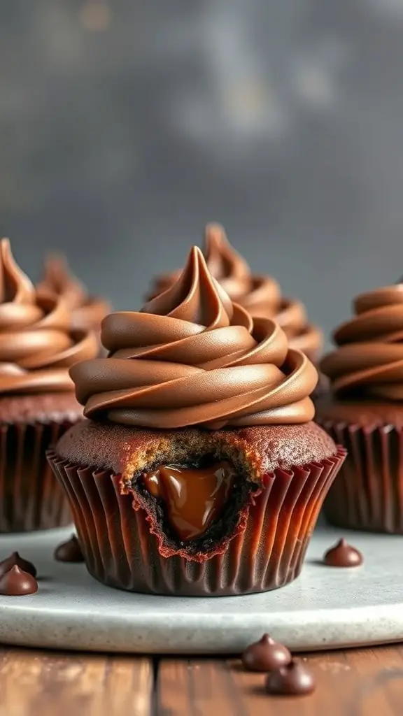Delicious Nutella-stuffed cupcakes with chocolate frosting and a bite taken out