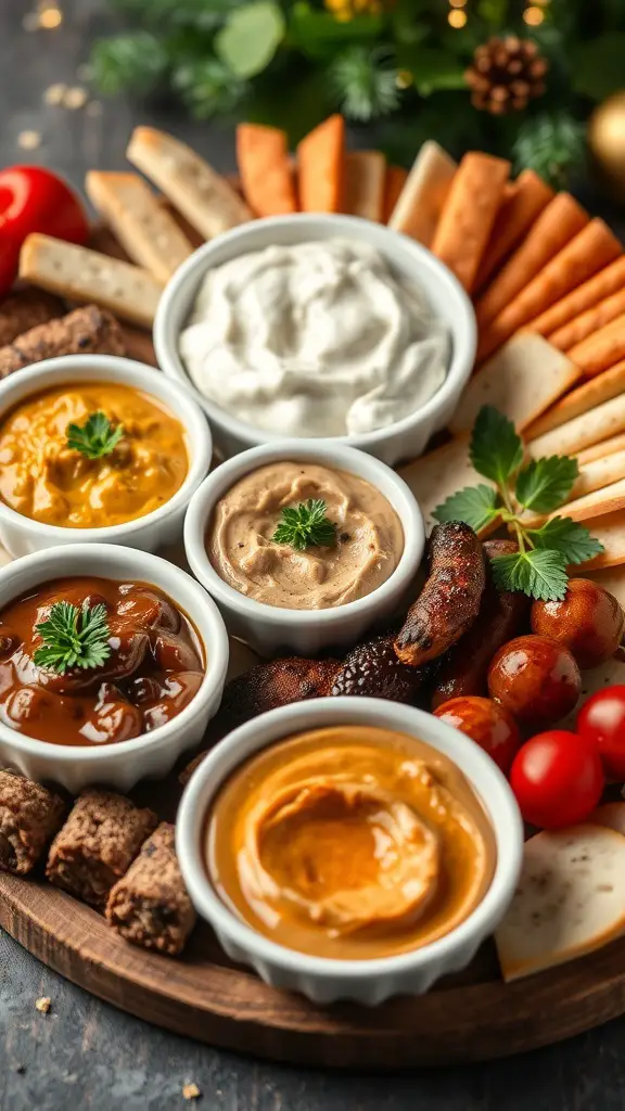 A charcuterie board featuring various gourmet dips in small bowls, surrounded by crackers, fruits, and vegetables.