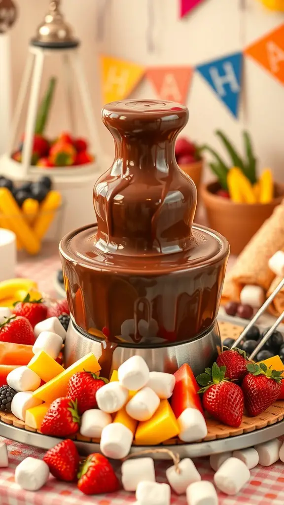 A chocolate fondue fountain surrounded by fruits and marshmallows.