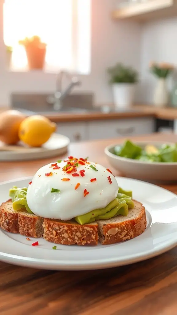 A plate of avocado toast topped with a poached egg and red chili flakes, set in a bright kitchen.