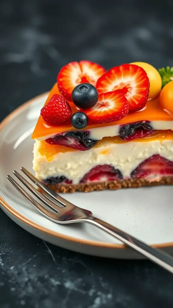 A slice of cheesecake topped with fresh strawberries, blueberries, and raspberries on a plate.