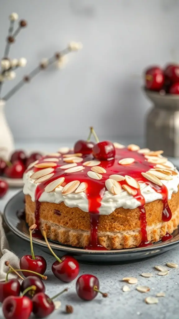 A Cherry Almond Cake topped with whipped cream, cherry sauce, and almond slices, surrounded by fresh cherries.
