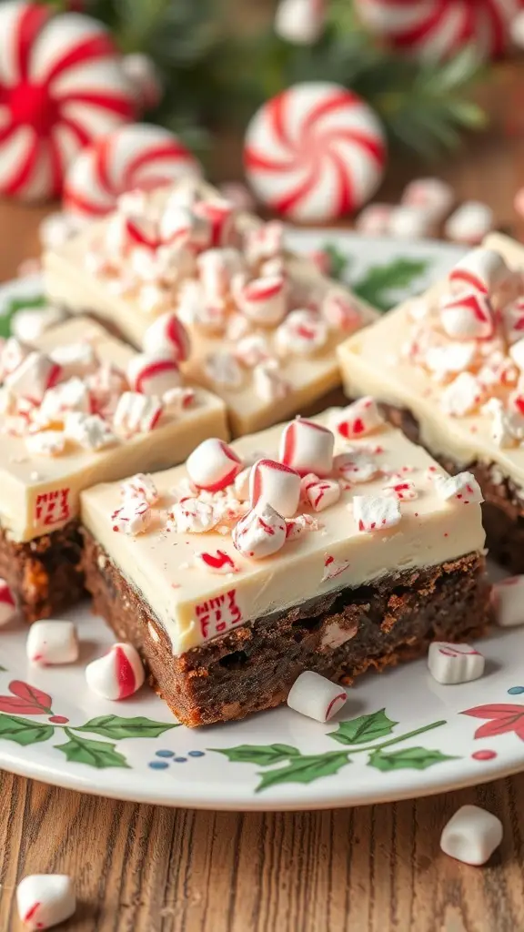 A plate of peppermint bark brownies topped with crushed peppermint candies, surrounded by festive decorations.