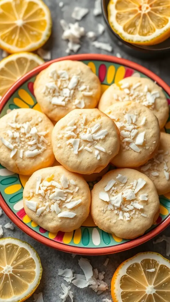 A plate of zesty lemon coconut cookies topped with shredded coconut, surrounded by lemon slices.
