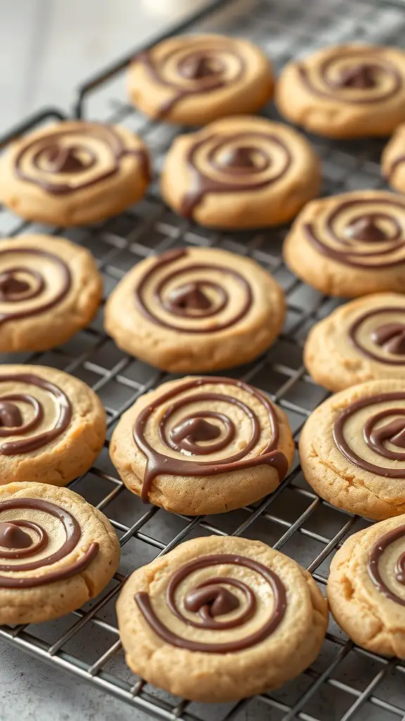 Peanut butter sugar cookies with chocolate swirls on a cooling rack.