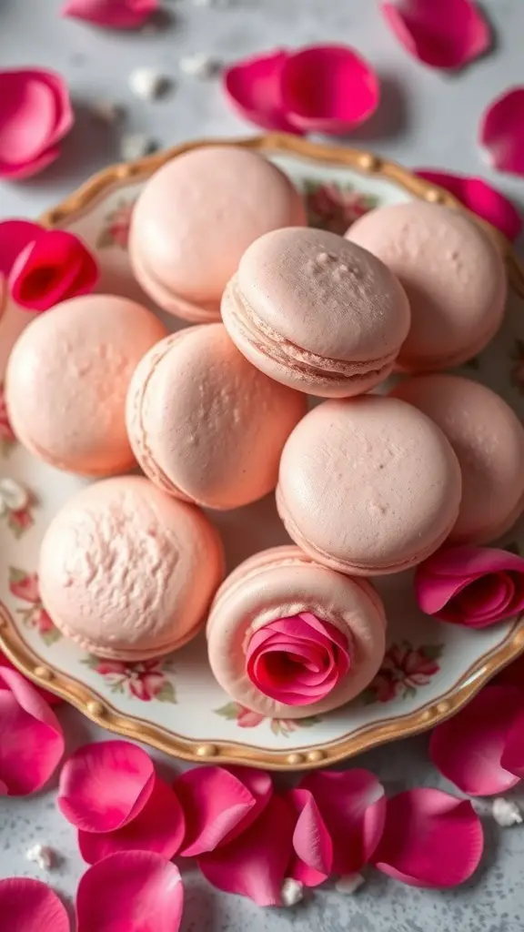 A plate of rose-flavored macarons surrounded by pink rose petals.