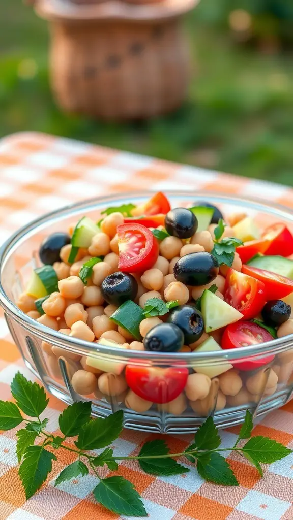 A bowl of Mediterranean Chickpea Salad with chickpeas, cherry tomatoes, cucumbers, and black olives.
