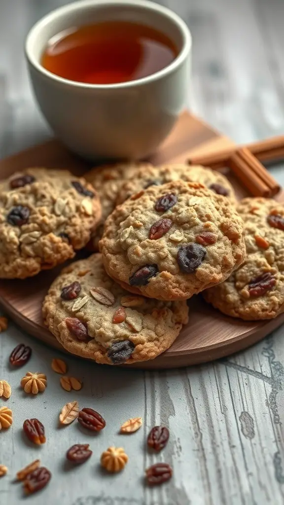 A plate of oatmeal raisin cookies with a cup of tea