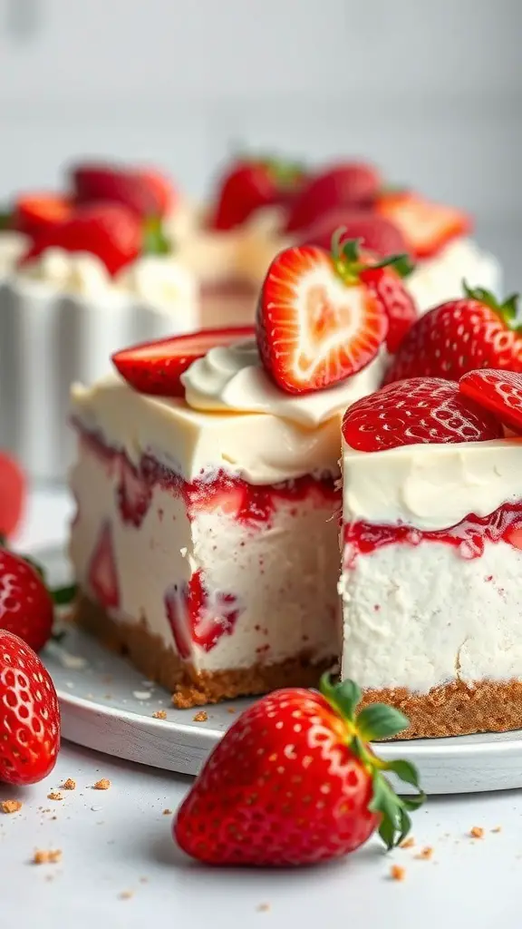 A slice of Strawberry Cheesecake Poke Cake topped with fresh strawberries