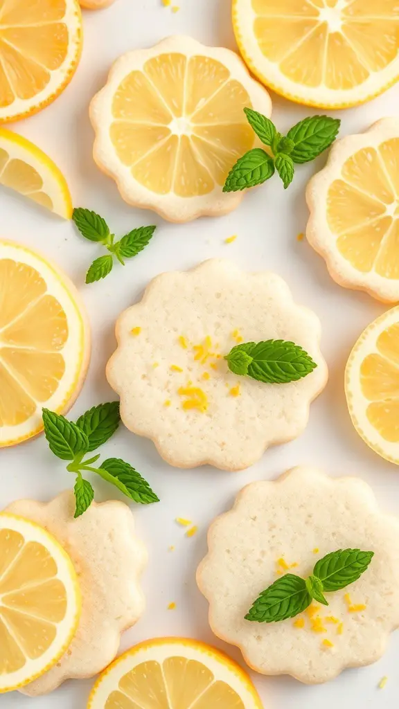 Lemon zest sugar cookies surrounded by lemon slices and mint leaves