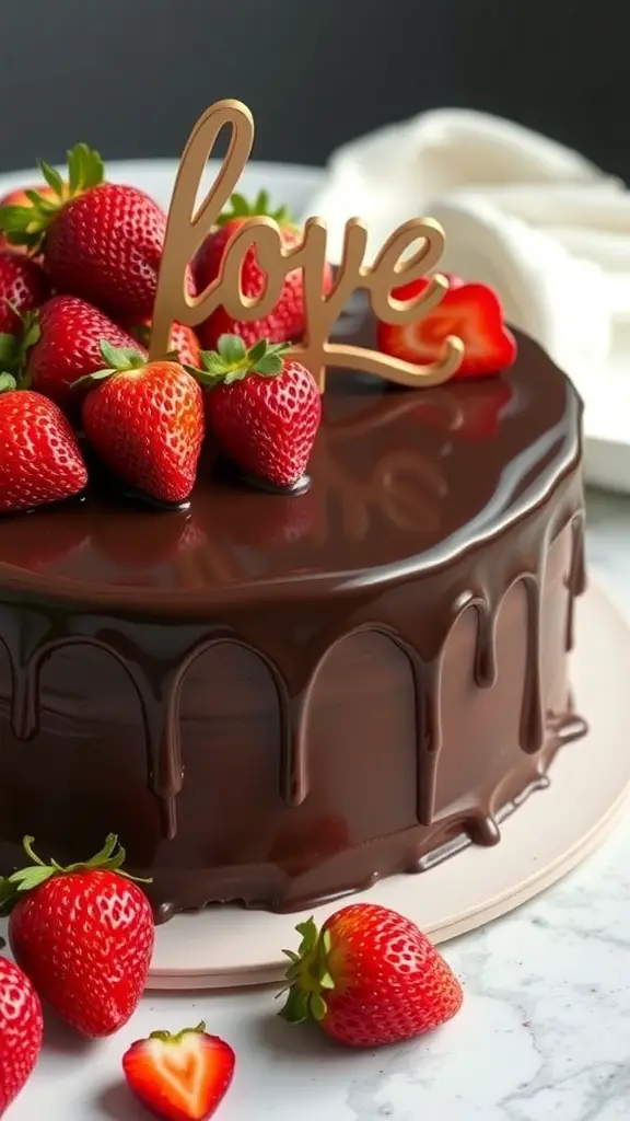 A chocolate ganache cake topped with fresh strawberries and a 'love' sign.