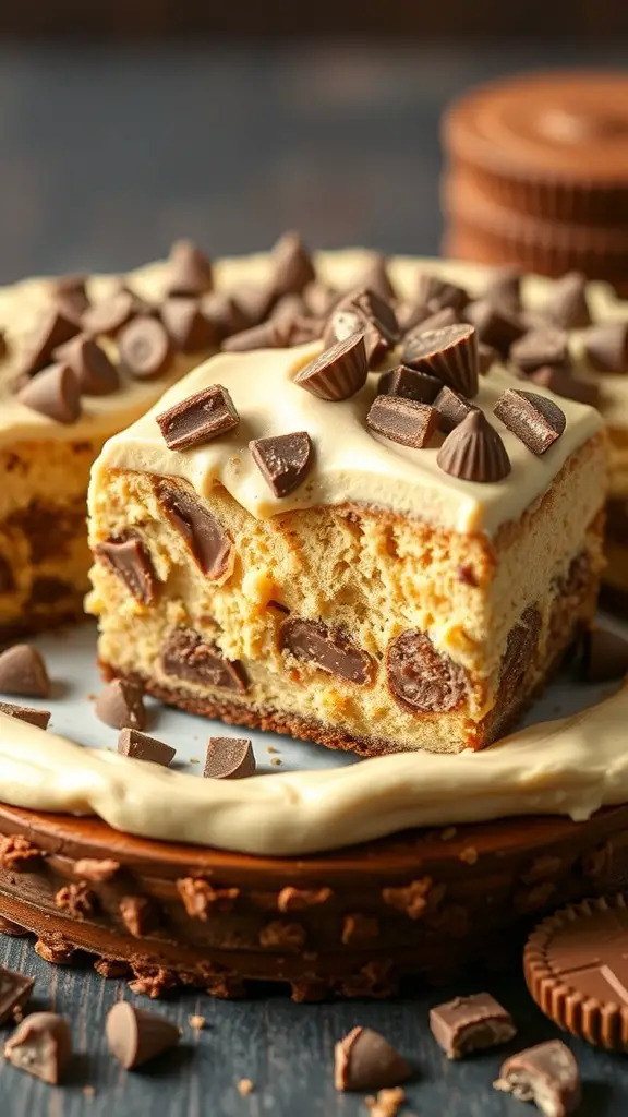 Peanut Butter Cup Poke Cake with chocolate pieces on top