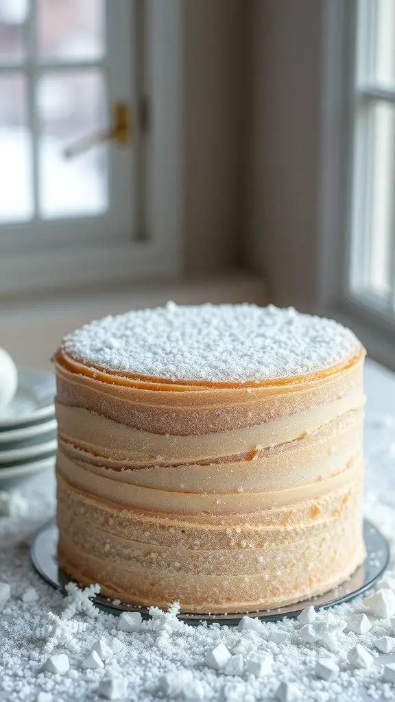 A winter-themed cake with a sparkling sugar crystal finish, resembling snow.