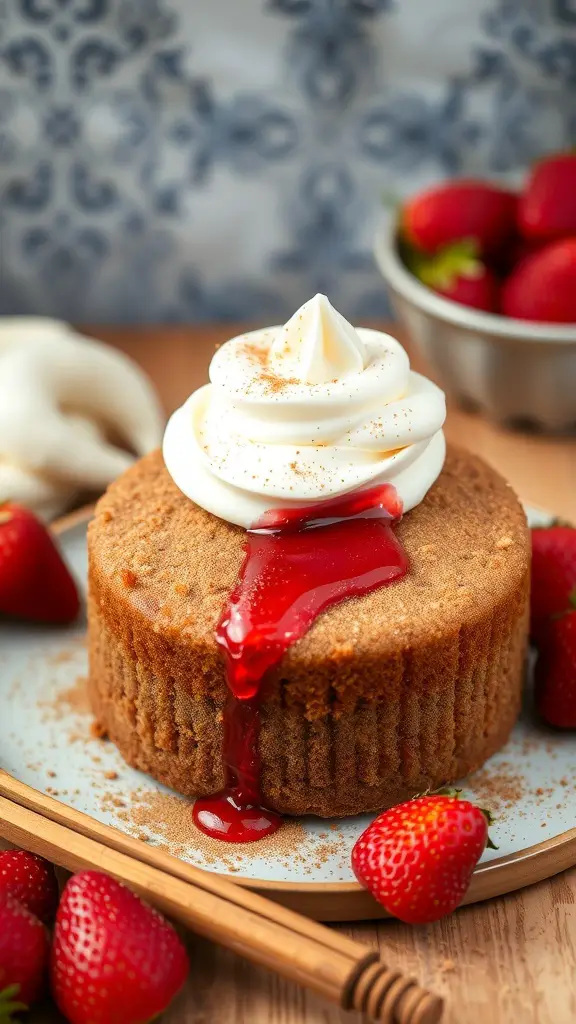 A spiced strawberry poke cake topped with whipped cream and strawberry sauce, surrounded by fresh strawberries.