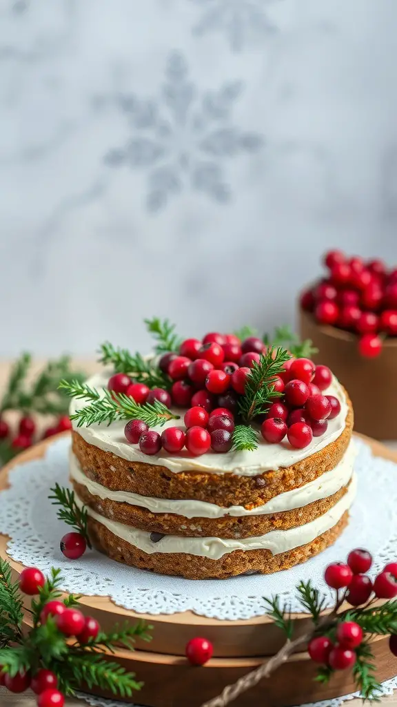 A beautifully decorated winter onederland cake with layers, cream frosting, and topped with winterberries and greenery.
