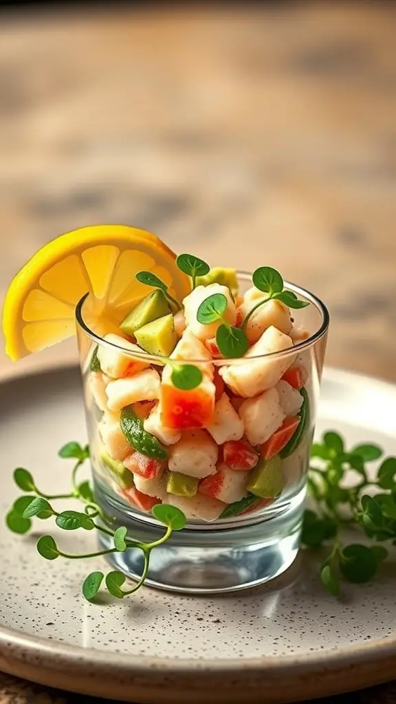 A glass of lobster and avocado tartare garnished with lemon and herbs.