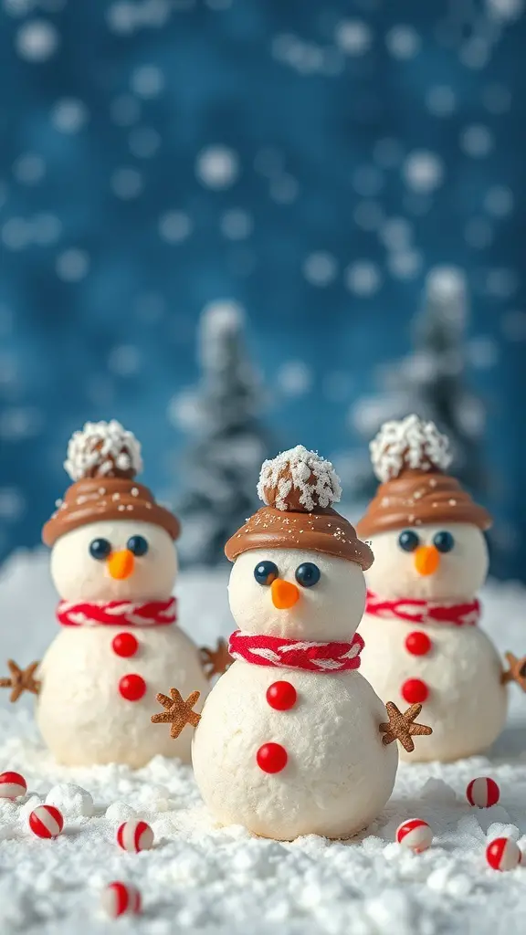 Three coconut macaroon snowmen decorated with chocolate hats and candy accessories