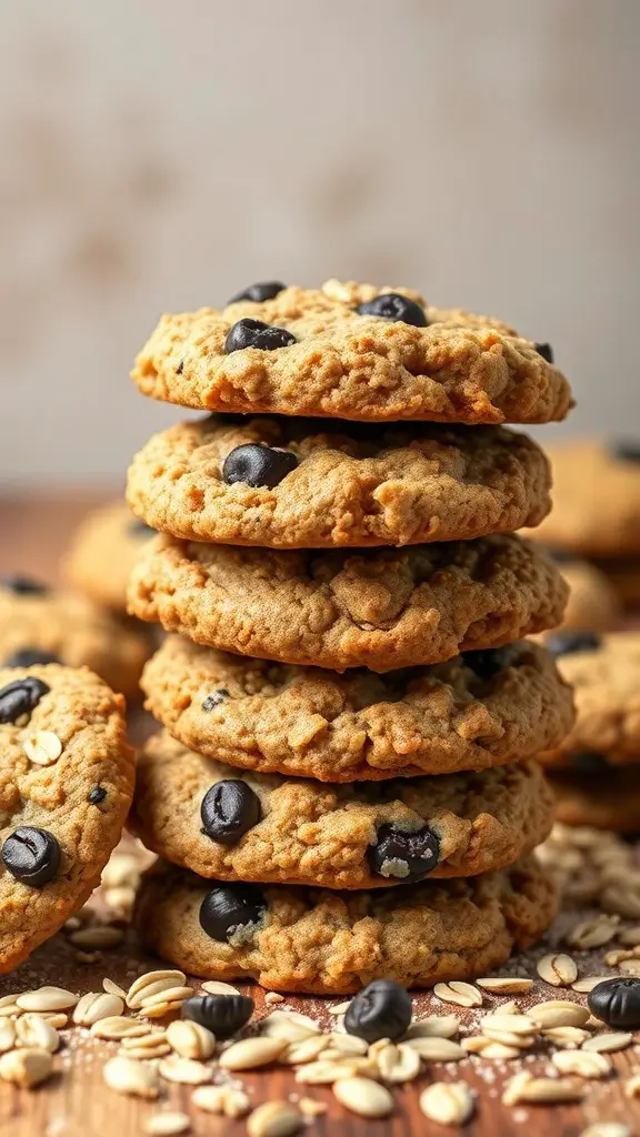 A stack of gluten-free oatmeal raisin cookies with chocolate chips, surrounded by oats.