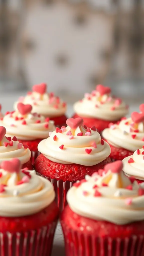 Red velvet cupcakes with cream cheese frosting and heart-shaped sprinkles