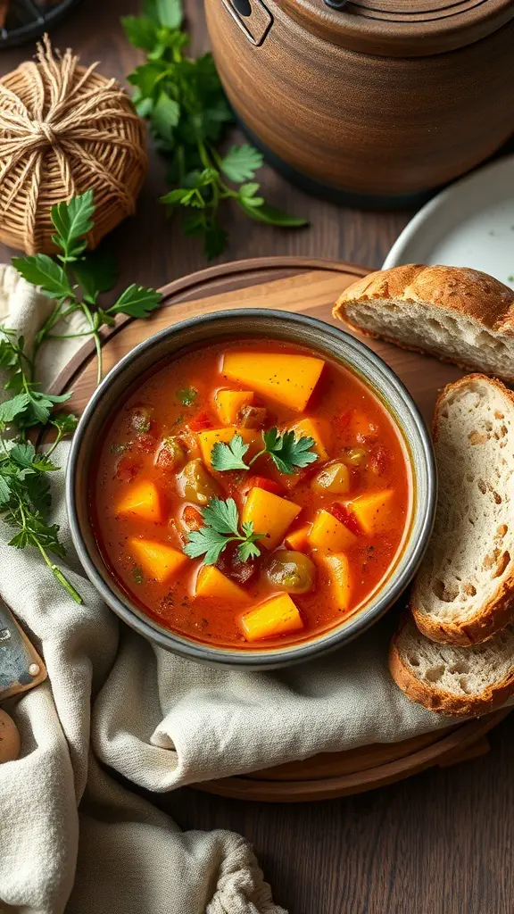 A bowl of vibrant vegetable soup with potatoes and herbs, served with crusty bread.