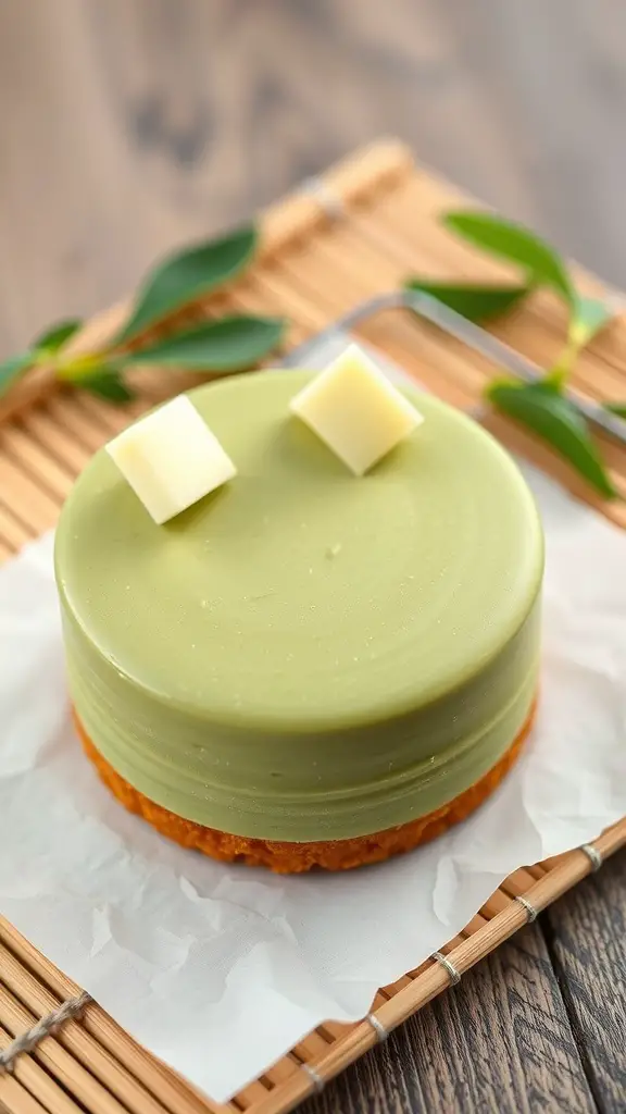 A Matcha Green Tea Bento Cake with a smooth green top and a biscuit base, decorated with white chocolate squares.