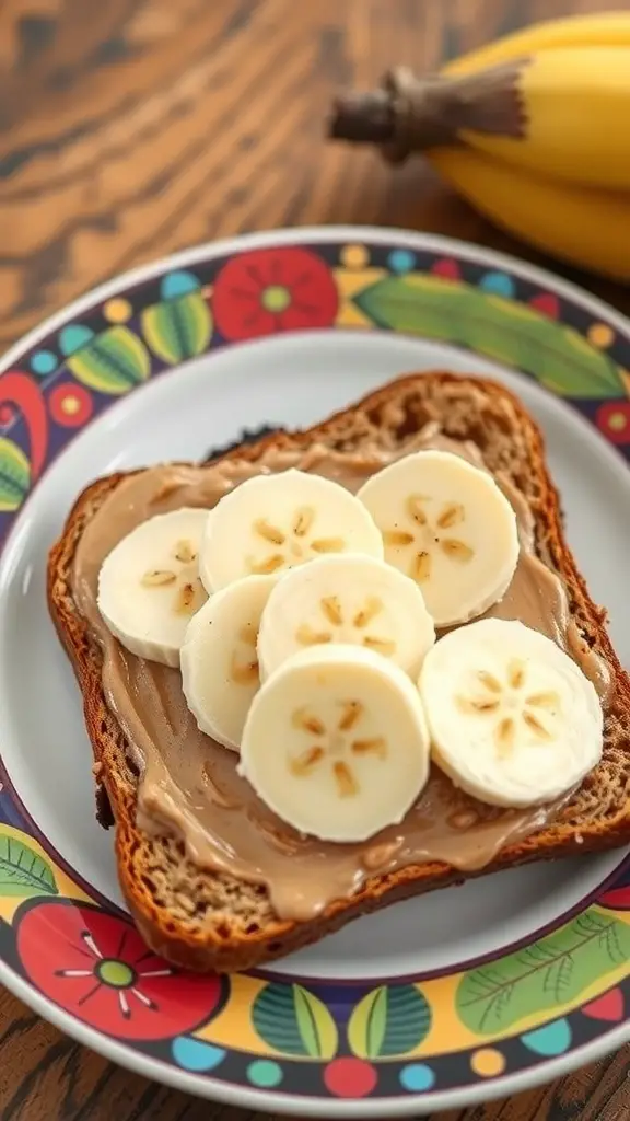 A slice of toast topped with nut butter and banana slices on a colorful plate.