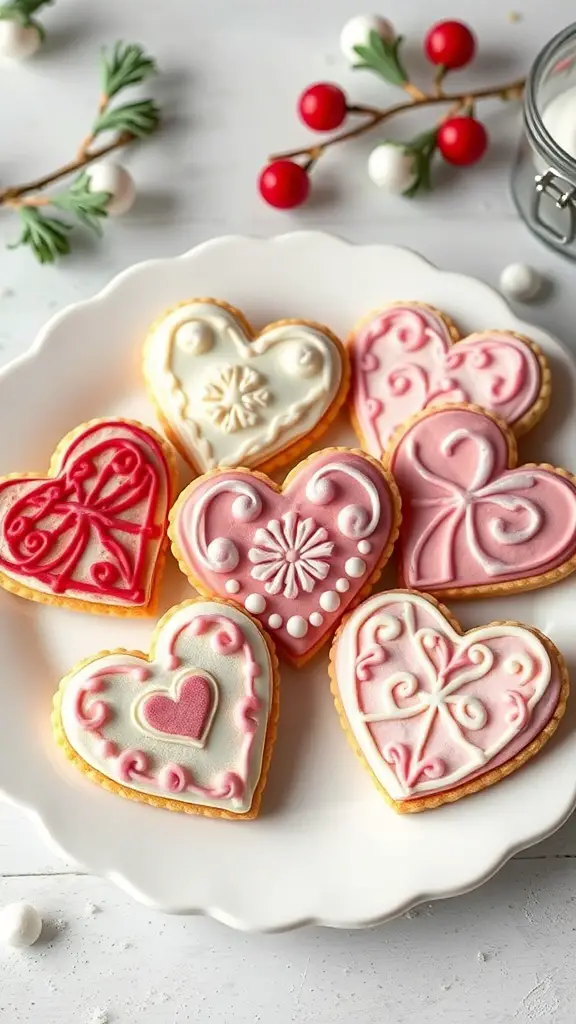 A plate of heart-shaped sugar cookies decorated with royal icing in various pink and white designs.