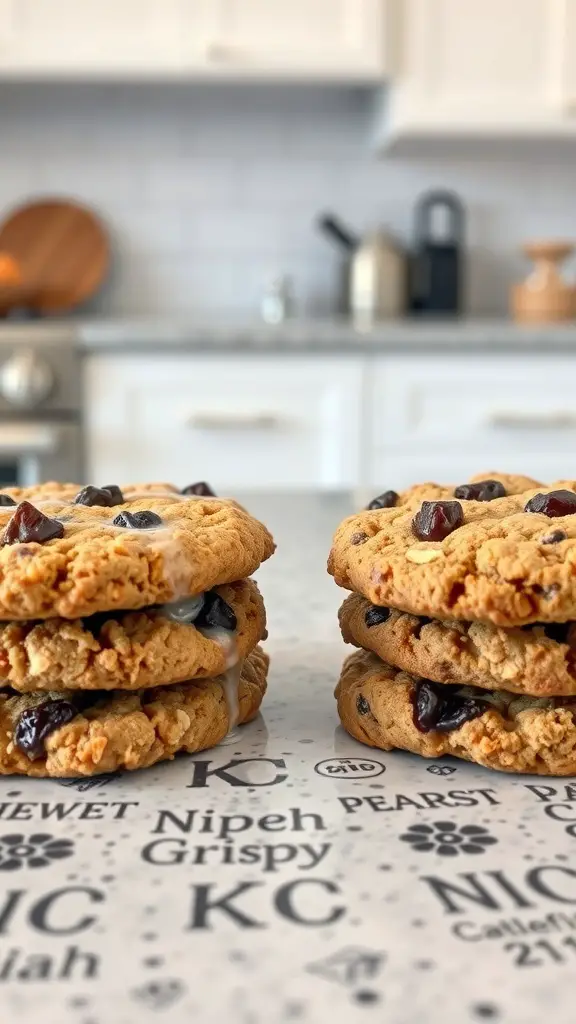 Two stacks of oatmeal raisin cookies on a patterned surface, highlighting their texture and ingredients.