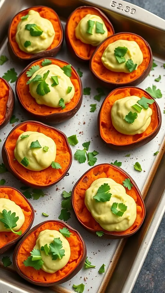Sweet potato bites topped with avocado cream and cilantro on a baking tray.