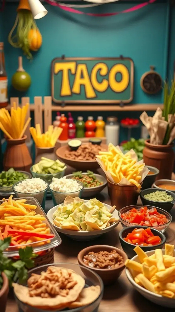 A vibrant DIY taco bar with various toppings and ingredients for making tacos.