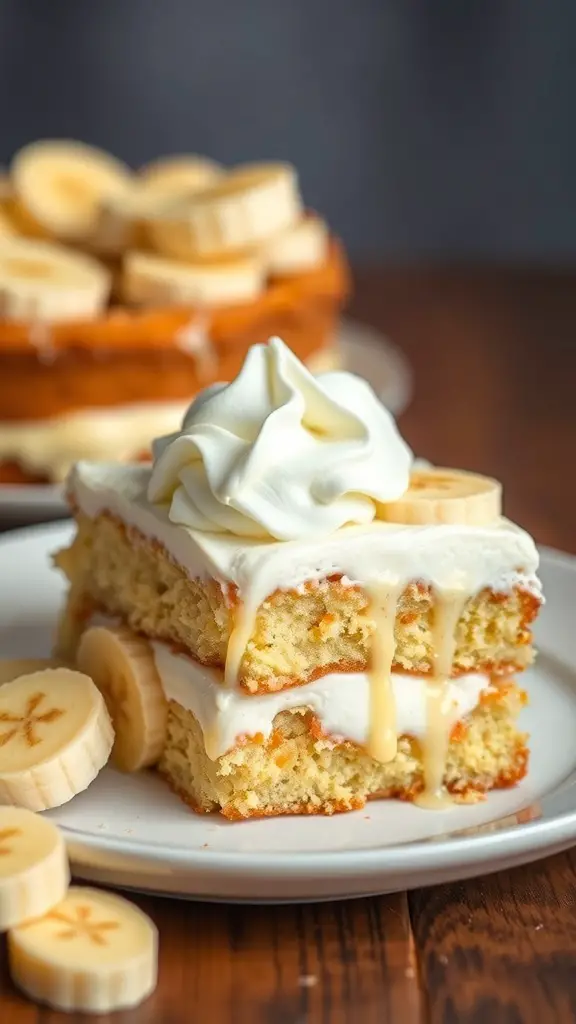 A slice of banana pudding cake topped with whipped cream and banana slices, served on a plate.