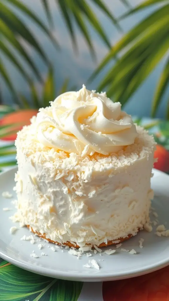 A beautifully decorated Coconut Cream Poke Cake with whipped cream and shredded coconut on top.