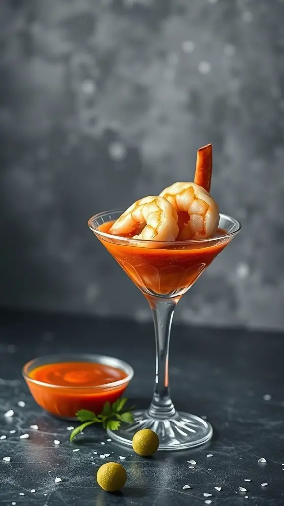 A stylish shrimp cocktail with spicy sauce in a glass, garnished with fresh herbs.