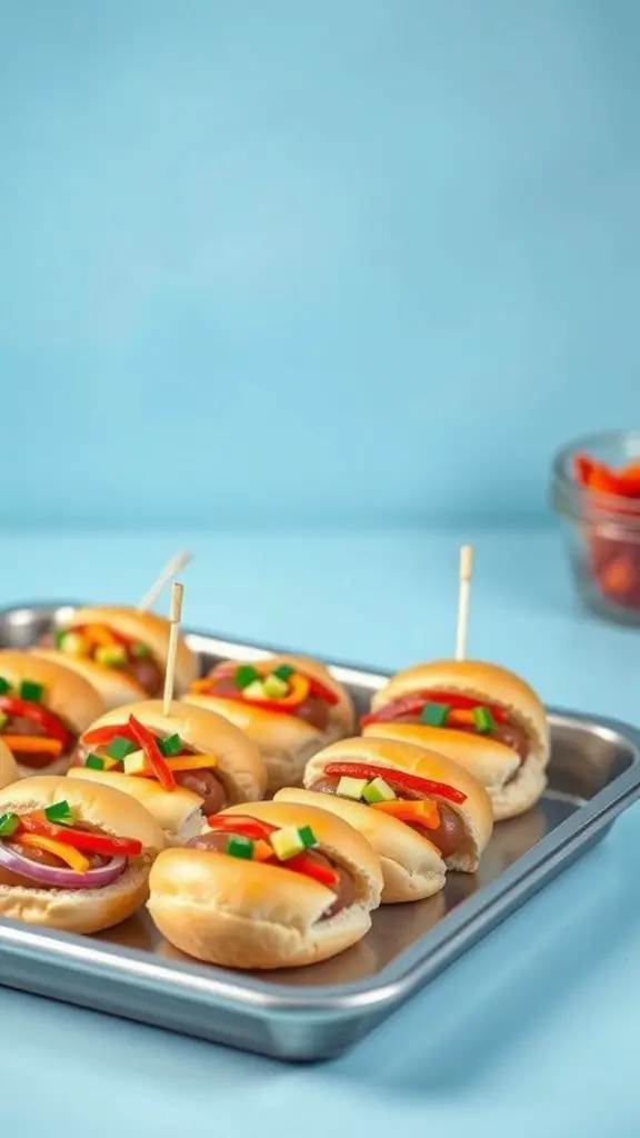 A tray of mini hot dog sliders with colorful toppings on a blue background.