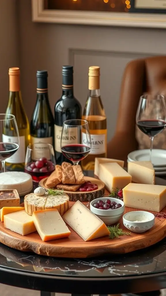 A beautifully arranged wine and cheese pairing board featuring various cheeses, crackers, grapes, and bottles of wine.
