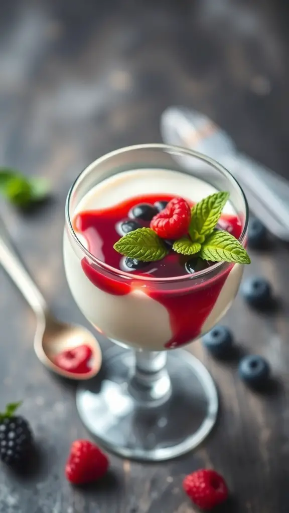 A glass of Vanilla Bean Panna Cotta topped with berry sauce and fresh mint leaves.