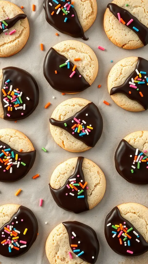Chocolate-dipped sugar cookies with colorful sprinkles arranged on a baking sheet.