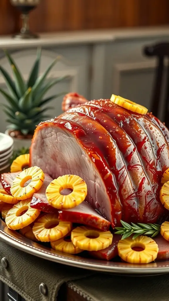 A traditional baked ham glazed with pineapple, garnished with pineapple slices on a platter.