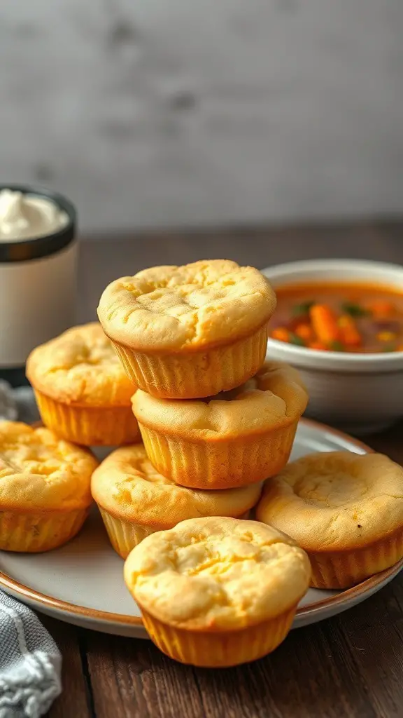 A plate of cornbread muffins stacked with a bowl of soup in the background.