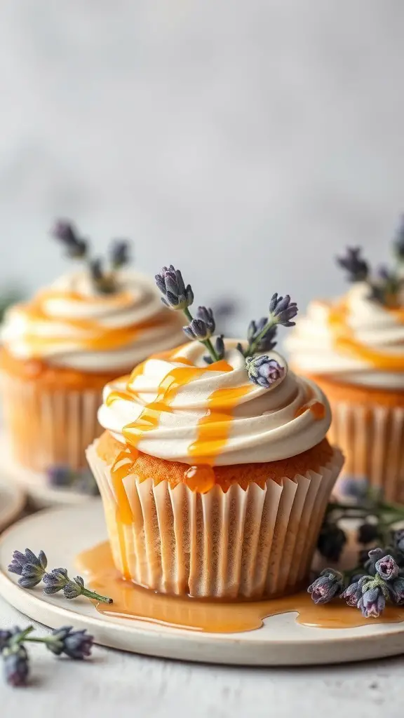 Lavender honey cupcakes with frosting and honey drizzle