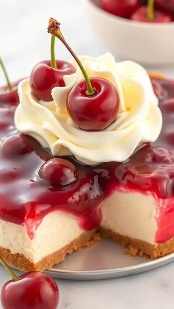 A slice of cherry cheesecake topped with cherries and whipped cream.