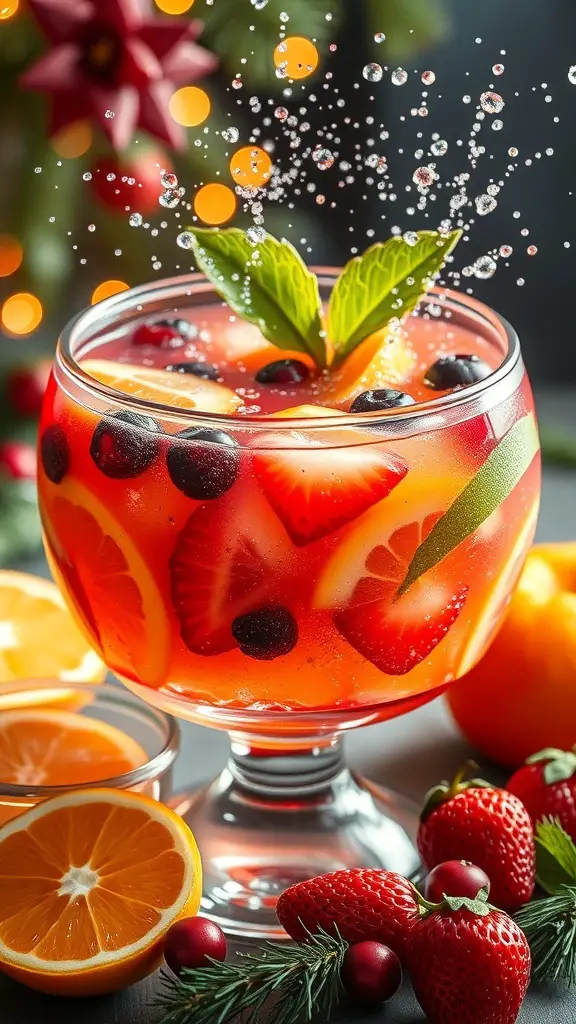 A vibrant bowl of sparkling fruit punch with strawberries, oranges, and blueberries, surrounded by fresh fruits.